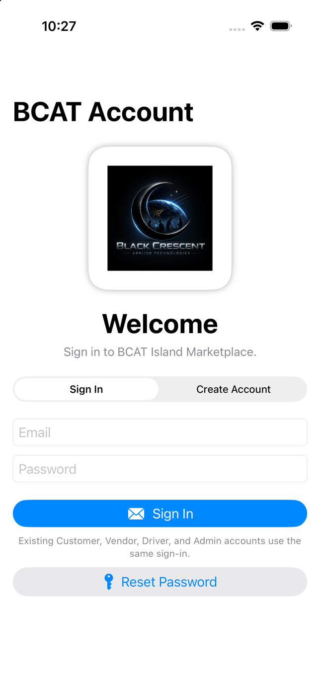 BCAT Island Marketplace account sign-in screen on iPhone