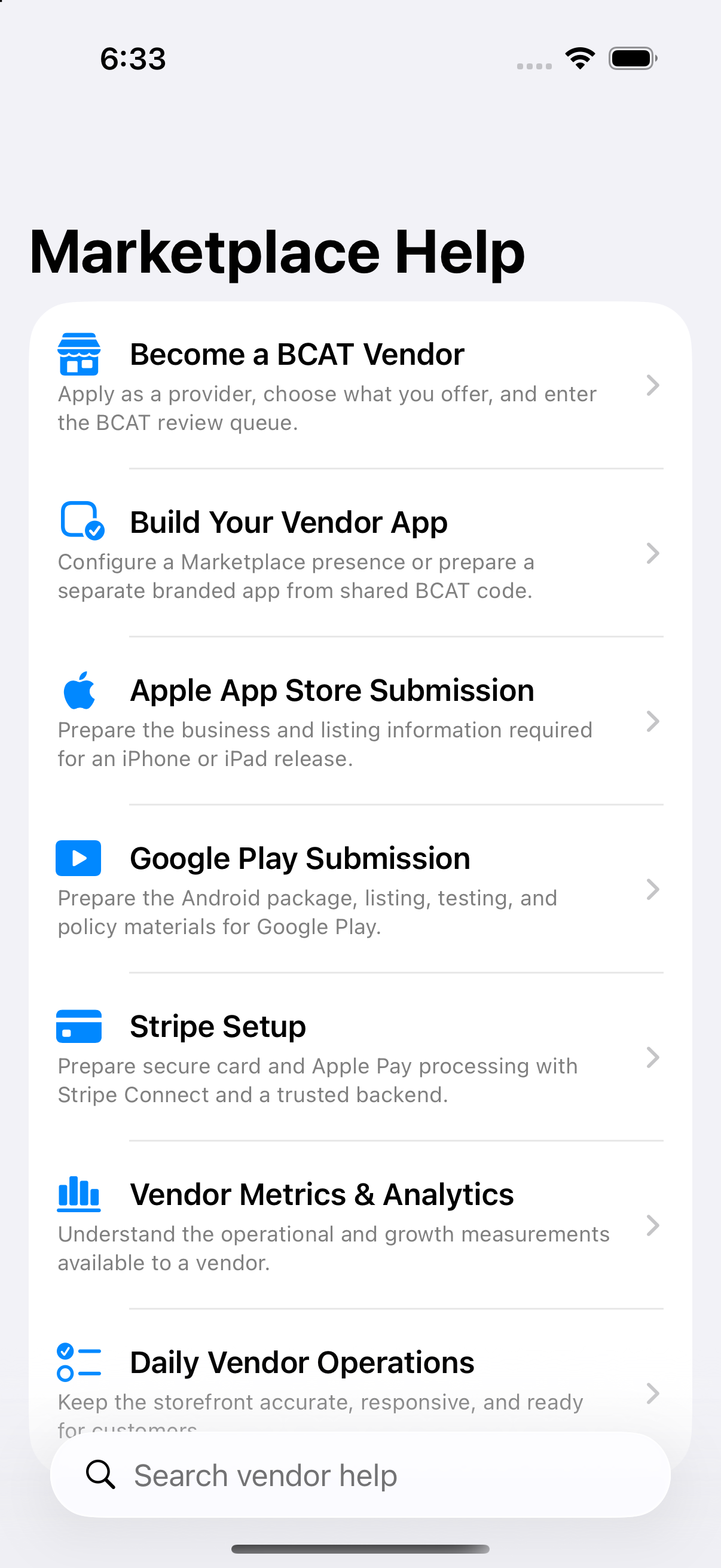 Marketplace Help screen showing vendor, Apple, Google, Stripe, analytics, and operations topics
