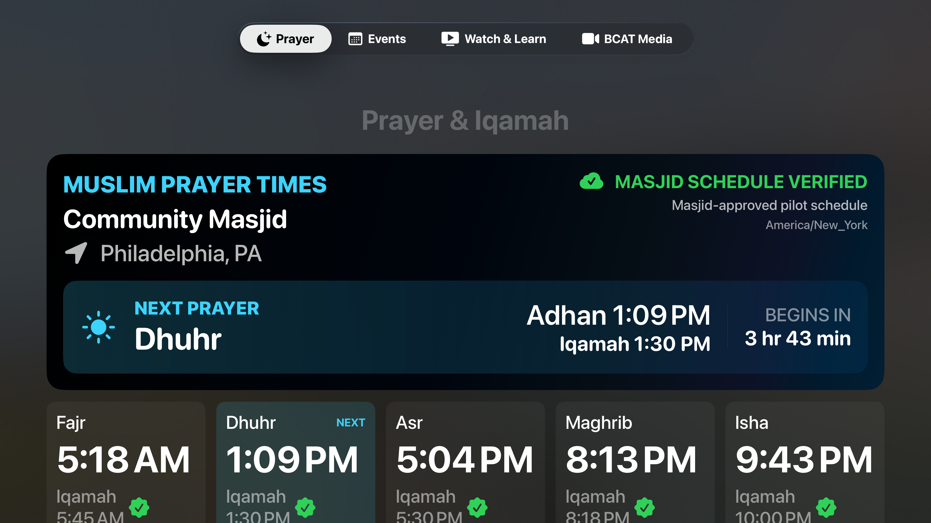 BCAT Masjid Connect Apple TV prayer board showing Fajr, Dhuhr, Asr, Maghrib, and Isha times