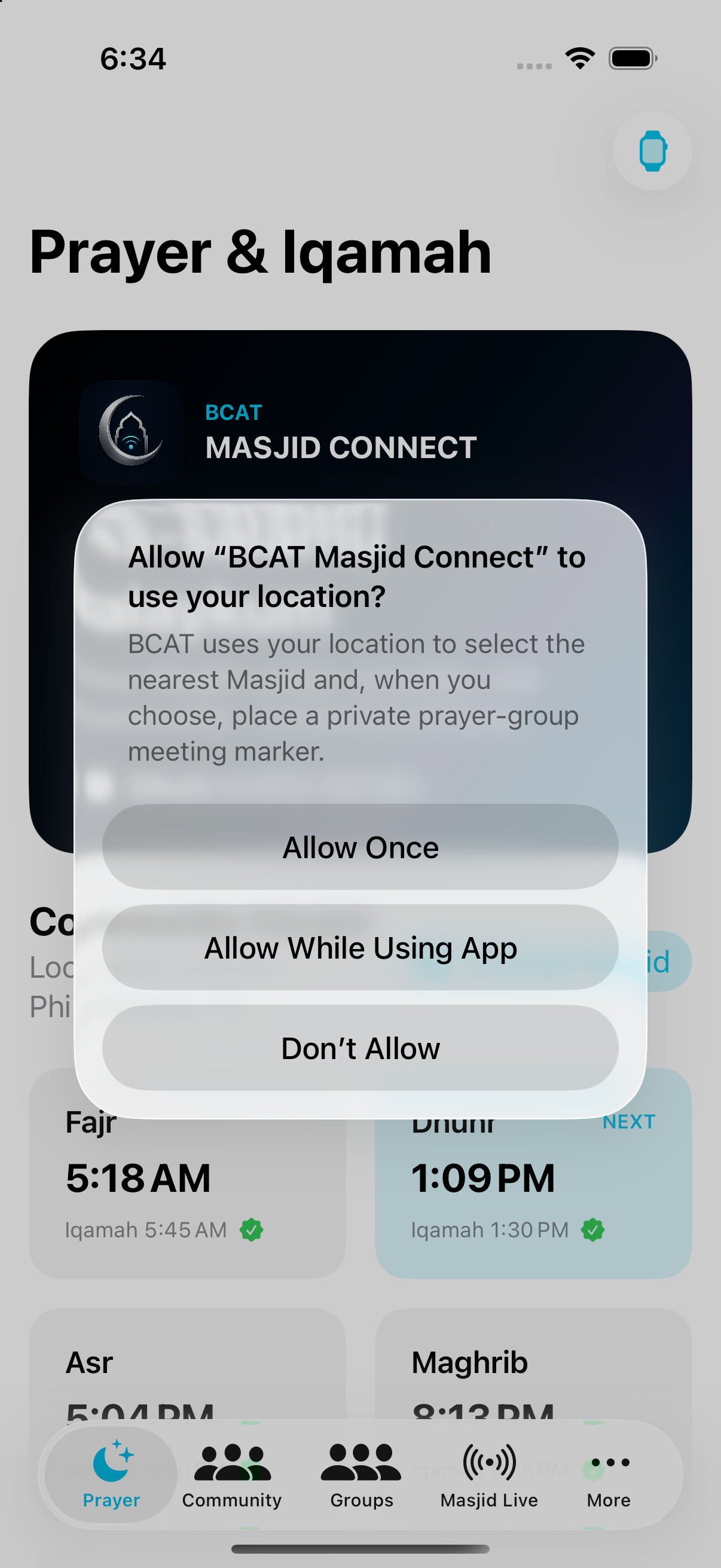 Masjid Connect location permission screen with prayer, community, groups, live, and more tabs